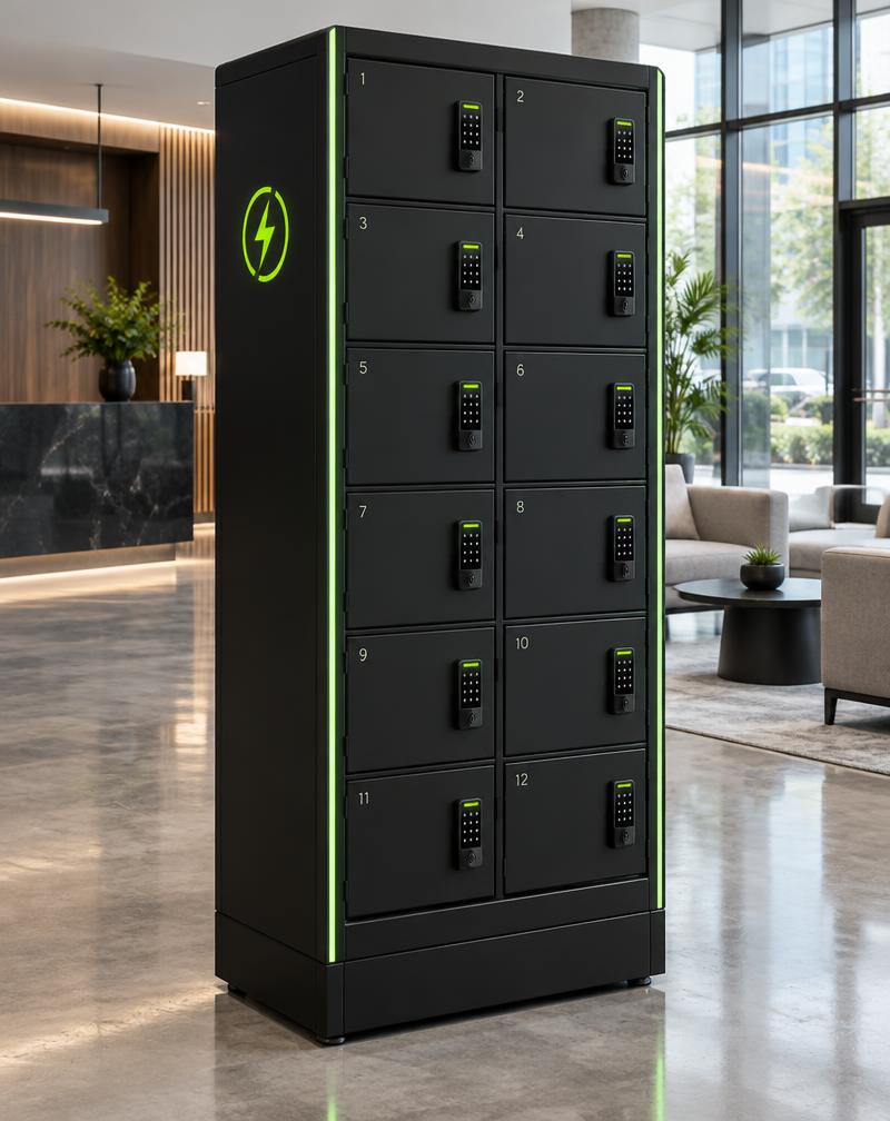 Illustrative black secure charging cabinet with individual lockers and lime accents in a modern lobby
