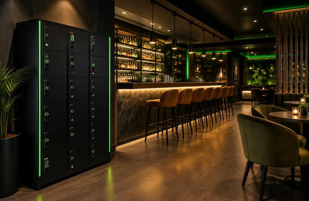 Concept charging lockers in a contemporary bar