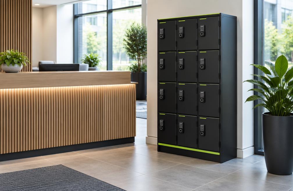 Concept charging cabinet in a bright corporate reception